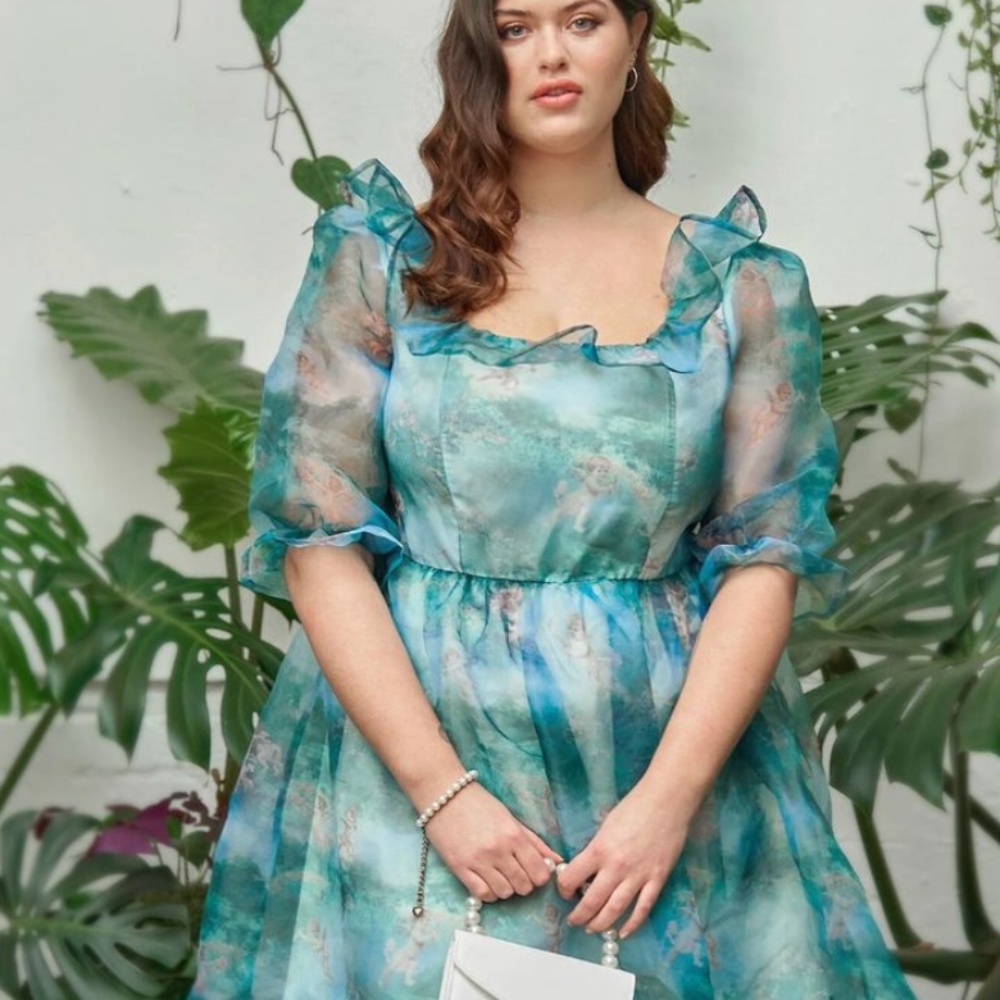 Angel Print Ruffle Trim Organza Dress